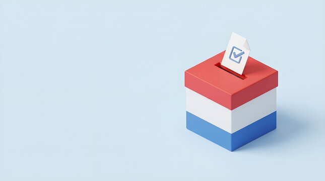 Isometric 3D ballot box with flag colors, voting paper with check mark icon, democratic election concept on blue background 4k video