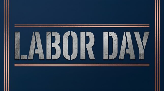 Industrial Labor Day typography on dark blue background. Metallic Labor Day text with copper frame. Professional holiday banner for social media. 4k video