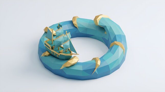 Low poly sailing ship in circular ocean wave, geometric 3d pirate boat on blue water, stylized nautical vessel for gaming and web design 4k video