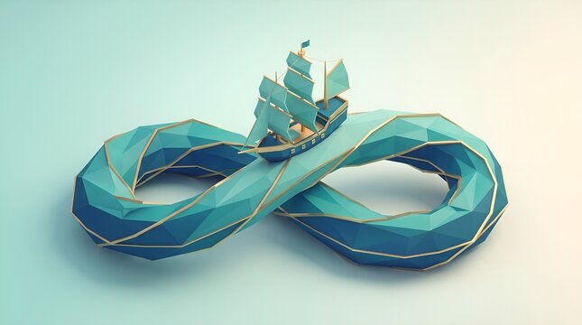 Low poly sailing ship on infinity loop ocean wave, geometric nautical vessel on endless sea, conceptual 3D maritime art 4k video