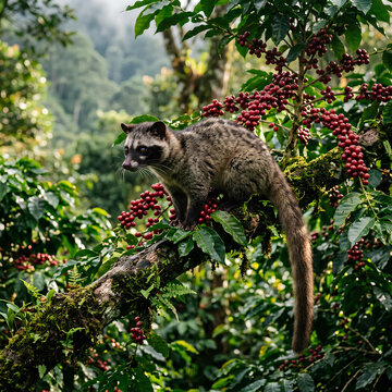 Civet Cat on Coffee Plantation Branch with Ripe Red Berries Lush Greenery