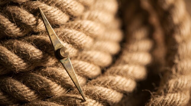 Vintage brass compass needle on coiled nautical rope, antique maritime navigation equipment, rustic brown hemp cord texture 4k video