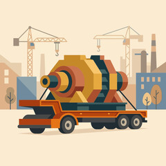 Naklejka premium Industrial Machine Transported By Truck With Construction Cranes In Background Vector Illustration