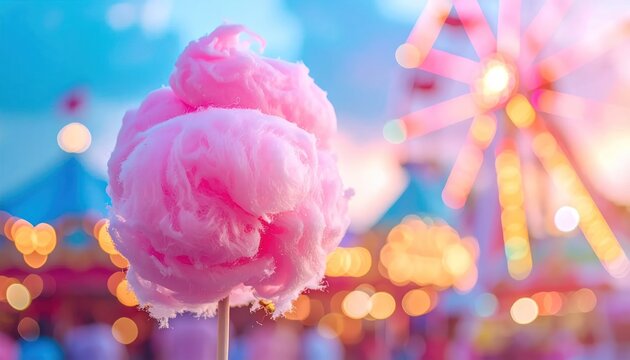 Pink cotton candy with a blurred ferris wheel.