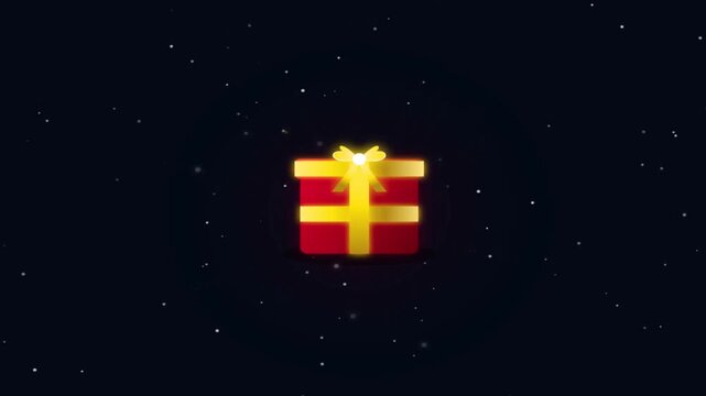 Glowing red gift box or present floating in dark cosmic space with starry background motion graphic loop