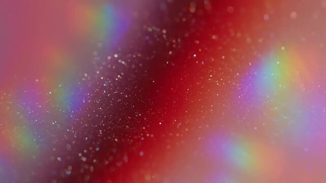 Colorful sparkling glitter particles on red background with bokeh effect for festive celebration