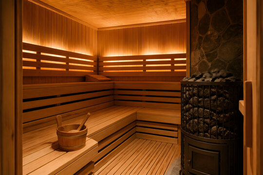 Empty sauna room with wooden benches