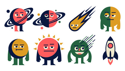 Funny abstract space monsters vector set with quirky cartoon planets comet rocket ship sun and creature characters isolated on white background. © MD