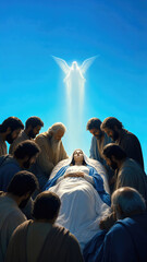 Fototapeta premium Virgin Mary lying on a funeral bed surrounded by mourning apostles during the Dormition. Shining angel appearing in the sky above. Biblical scene representing the Assumption of Mary.