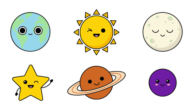 Cute space characters vector set with kawaii cartoon earth sun moon star saturn and purple planet icons isolated on a white background.