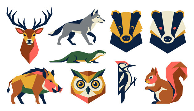 Geometric woodland animals vector set with low poly deer wolf bear badger lizard boar owl woodpecker and squirrel icons isolated on white background.