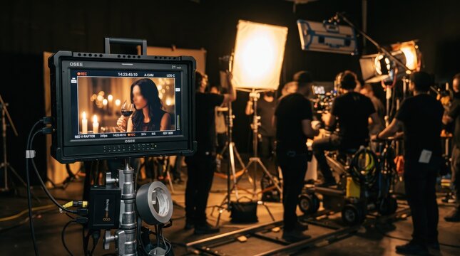 Professional film set production with monitor showing actress, lighting equipment and crew members working on movie scene, behind the scenes of cinema industry and video shooting