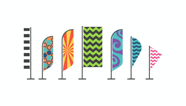Seven colorful commercial feather flags with different graphic patterns stand in a row against a white background.