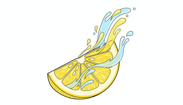 Fresh juicy lemon slice is splashed with refreshing clear water in a vibrant hand-drawn vector illustration.