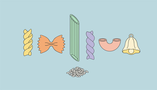 Variety of dry pasta shapes and a pile of white rice grains are arranged in a flat vector set on blue background.