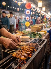 Obraz premium Traditional Malaysian Independence Day Street Food Market with Satay and Festive Night Atmosphere