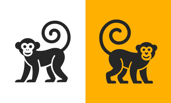 Stylized monkey icon set featuring a playful primate design with a curled tail, presented in a clean, bold graphic style suitable for branding, logos, and digital media.