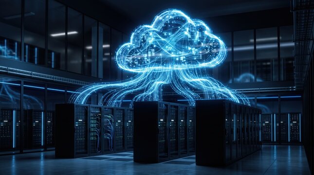 Futuristic server room with glowing blue cloud computing visualization above racks, data center infrastructure, network security, big data storage and processing technology