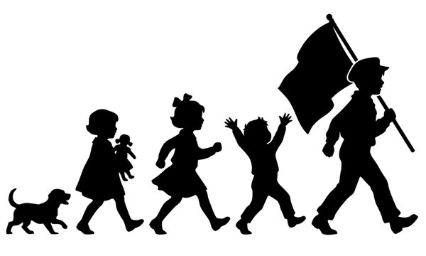 Black silhouettes of four children and a dog marching with flag, doll, and playful gestures. Bold vector artwork symbolizing childhood, unity, and imagination in minimalist style.
