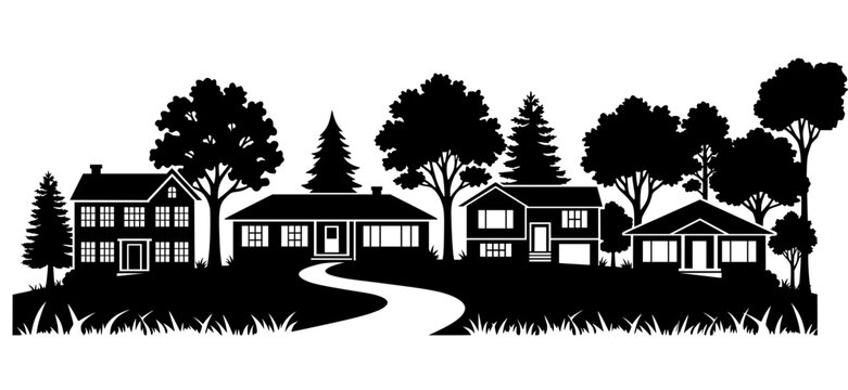 Bold black silhouette of a peaceful suburban neighborhood with multiple houses, winding pathway, pine and deciduous trees, and grass, perfect for real estate and community themes.