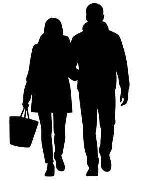 Black silhouettes of two people walking side by side, one carrying a bag, the other linking arms. Bold vector artwork symbolizing companionship, unity, and shared journey.