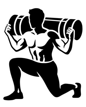 Bold black silhouette of a muscular athlete performing a sandbag lunge exercise, minimalist illustration perfect for fitness, functional training, strength competition, and sport event themes.
