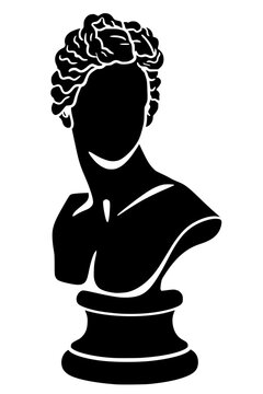 Black silhouette of classical bust sculpture with curly hair and blank face on pedestal. Bold vector artwork symbolizing antiquity, art, and minimalism in modern style.