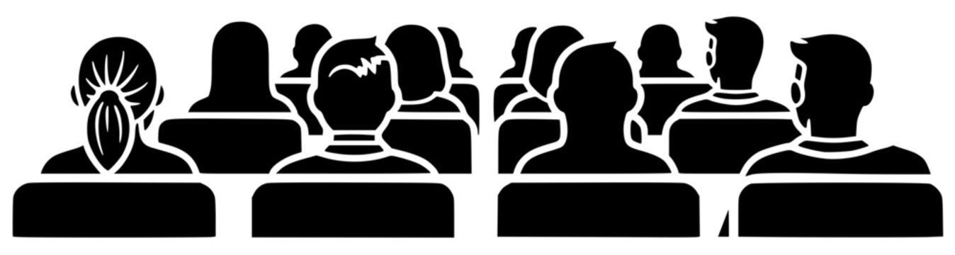 Black silhouettes of seated people viewed from behind in rows. Bold vector artwork symbolizing audience, classroom, or group participation in minimalist style.