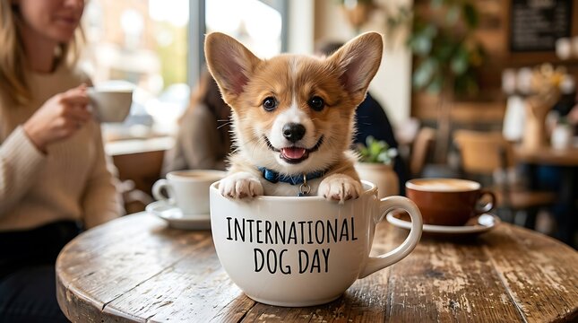 International Dog Day portrait of Pembroke Welsh Corgi in mug, wooden table coffee shop background