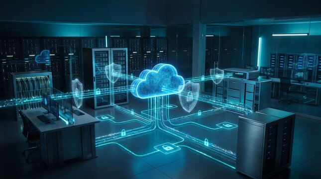 Futuristic cloud computing network connecting servers and data center equipment through glowing encrypted pathways, with protective shields symbolizing secure communication and data protection.