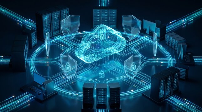 Luminous cloud surrounded by digital security shields and connected to multiple servers through encrypted pathways, illustrating secure cloud infrastructure and protected information access.