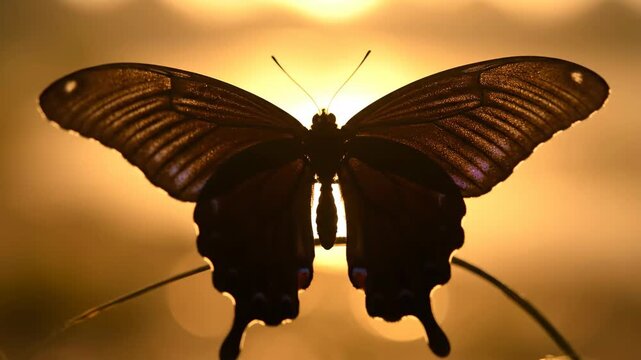 Close up of a swallowtail butterfly against warm golden sunset light