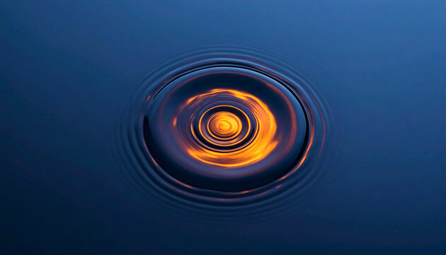 Top down view of a single perfect water ripple reflecting bright golden sunset light on dark blue surface