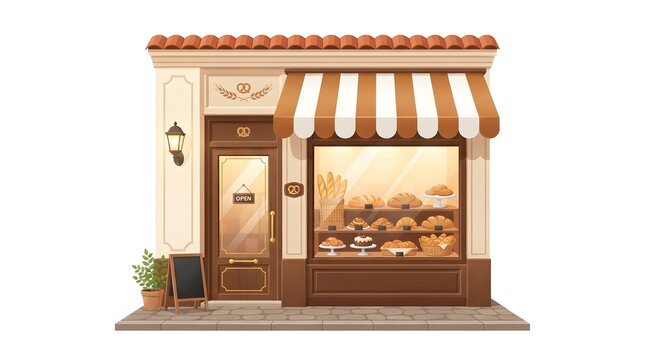 Charming bakery shop facade vector illustration displaying fresh bread and pastries in the window with a striped awning.