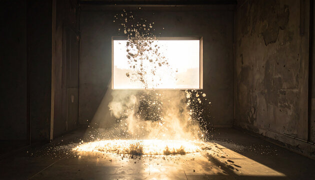 Intense bright sunlight bursting through large window into dark concrete room exploding with dust and debris