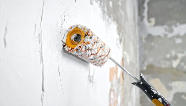 Close-up of a paint roller applying white paint to a textured, rough wall surface