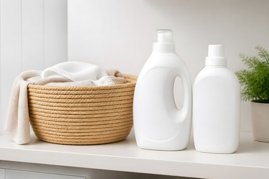 Detergent and softener bottles with laundry basket