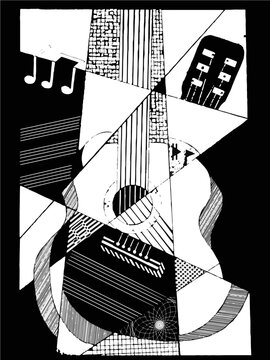 Abstract cubism acoustic guitar vector illustration with musical notes, sheet music staff, and black and white line art texture