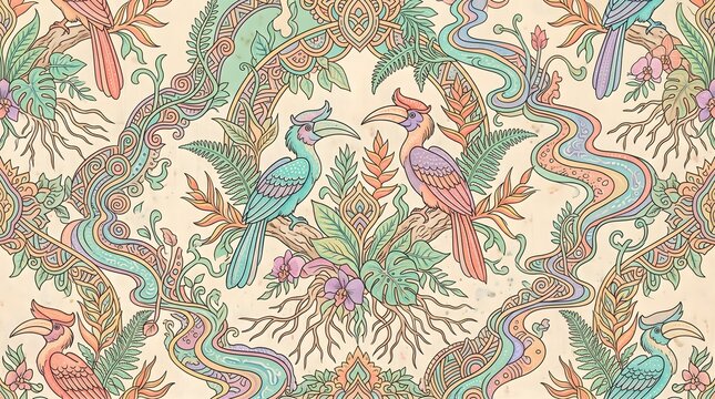 Pastel Botanical Batik with Exotic Birds, Flowers and Tropical Foliage