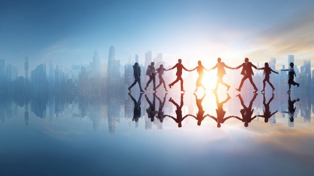 Silhouettes of people holding hands in unity against a reflective city skyline at dawn