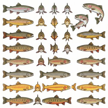 Trout Fish Vector Collection, Rainbow Trout, Brown Trout, Brook Trout and Freshwater Fish Illustration Set