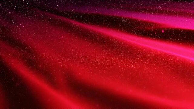 Close up of red velvet fabric texture with sparkling glitter and soft folds in silky material