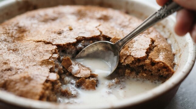 Macro Shot Spoon Breaking Through Crackled Top Tres Leches Cake Milk Pooling Fracture

