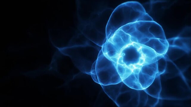 Luminous electric-blue plasma slowly unfurls through deep darkness, dense glowing particles curling and reconnecting with fluid organic motion against total black perfect for cinematic overlays