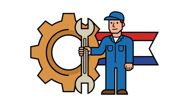 Professional Mechanic Holding a Large Wrench Standing Next to a Mechanical Gear Cog Symbol for Industrial Maintenance and Engineering Services