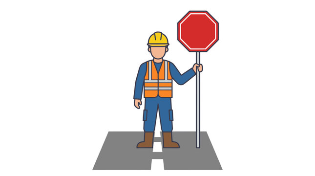 Construction Traffic Controller Holding a Red Stop Sign on a Roadway for Safety Management and Professional Site Coordination Services