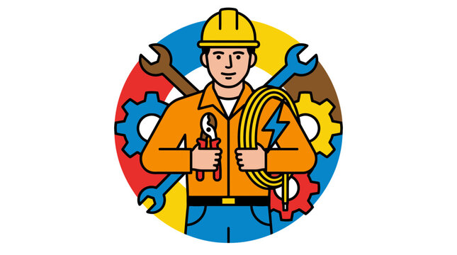 Professional Electrical Contractor Character Holding Tools and Wiring Equipment for Industrial Maintenance and Repair Services Illustration