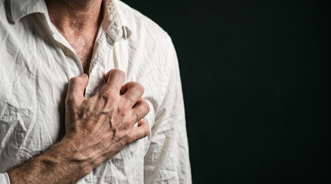 A man in a white shirt clutches his chest in pain, sweat visible on his skin. Medical emergency and acute cardiac distress. Men's Health 