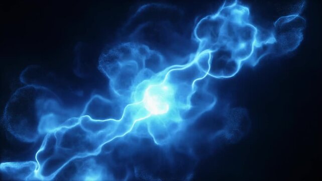 Luminous electric-blue plasma slowly unfurls through deep darkness, dense glowing particles curling and reconnecting with fluid organic motion against total black perfect for cinematic overlays