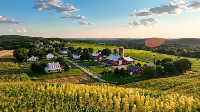 Aerial view of rural farm village with cornfields and red barns